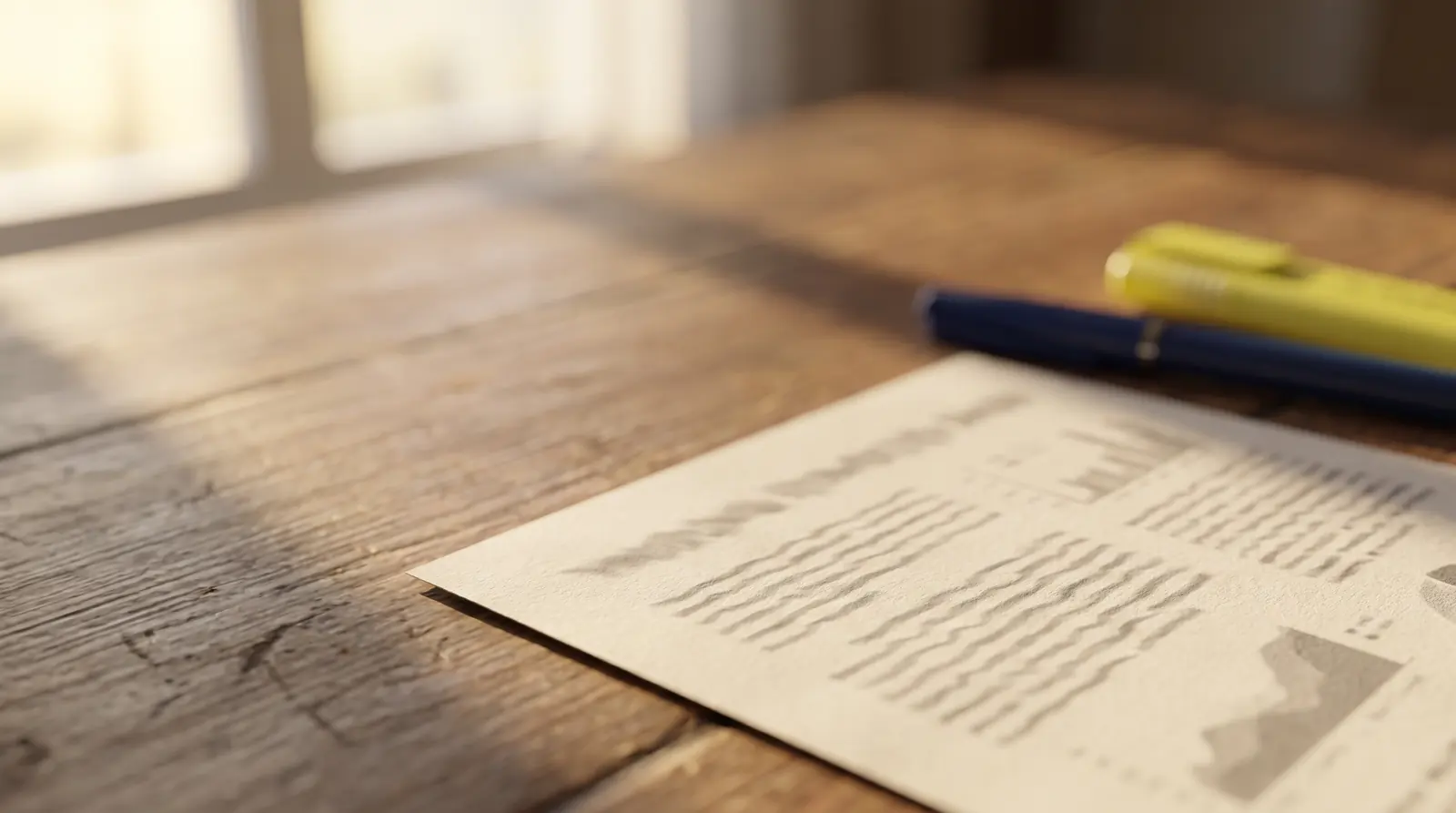 A printed property report lying on a wooden desk beside a pen and a yellow highlighter, lit by soft window light.